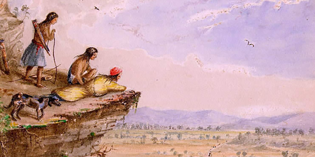 Comanches watching an American caravan in West Texas, 1850. Depiction by the US Army officer, Arthur Lee