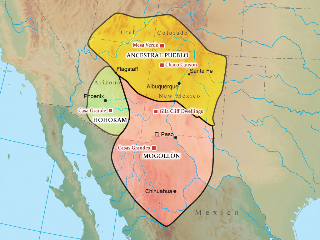 Map outlining The Hohokam, Mogollon, and Ancestral Puebloan zones