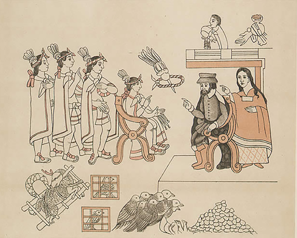 illustration of Hernán Cortés meeting with Malintzin (La Malinche) at Tenochtitlán