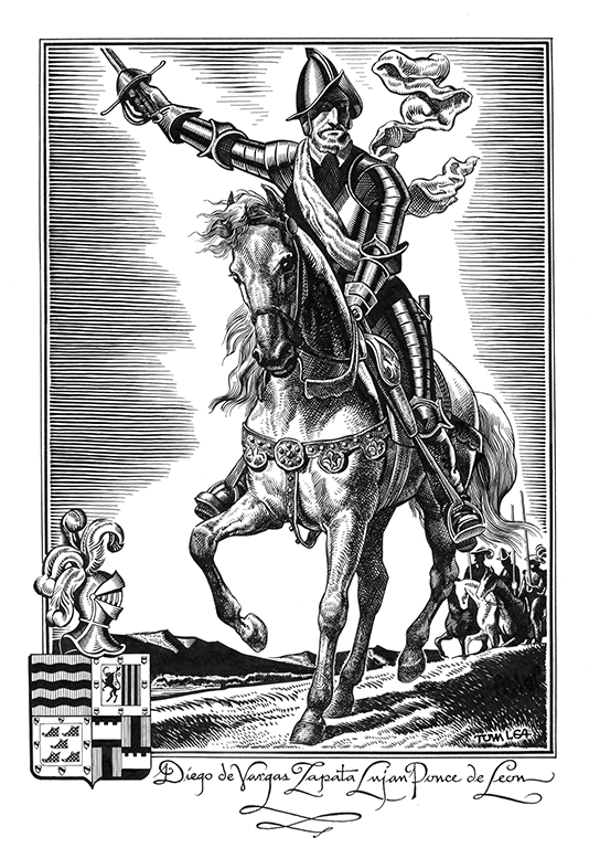 Don Diego de Vargas atop a horse adorned in armor