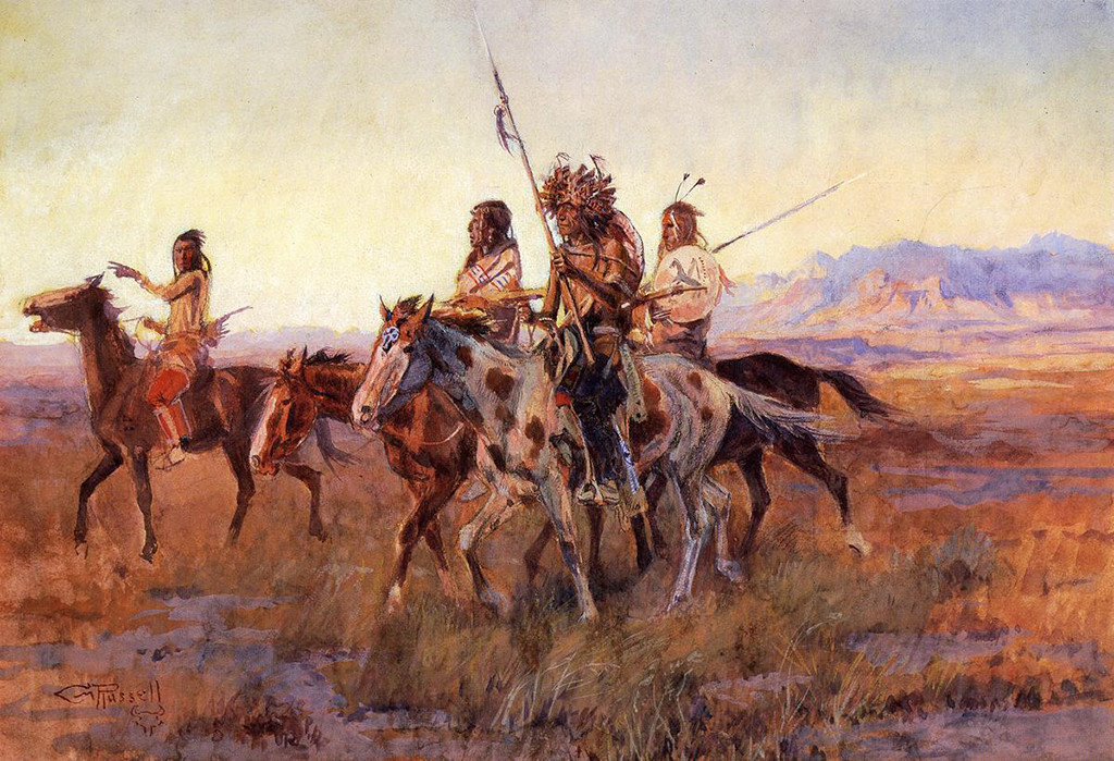 Comanches riding across the staked plains. Painting