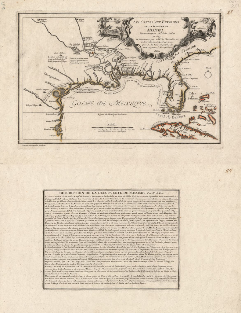 1701 French map highlighting travels of Robert La Salle along the Mississippi River.