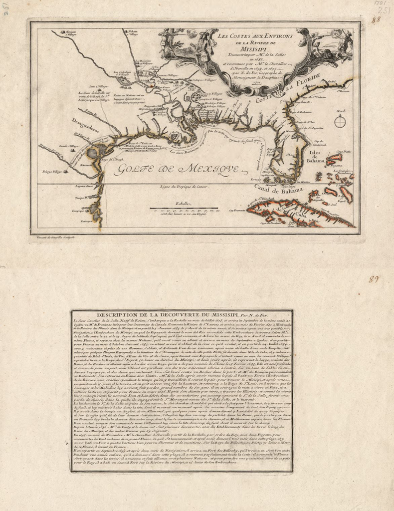 1701 French map highlighting travels of Robert La Salle along the Mississippi River. 