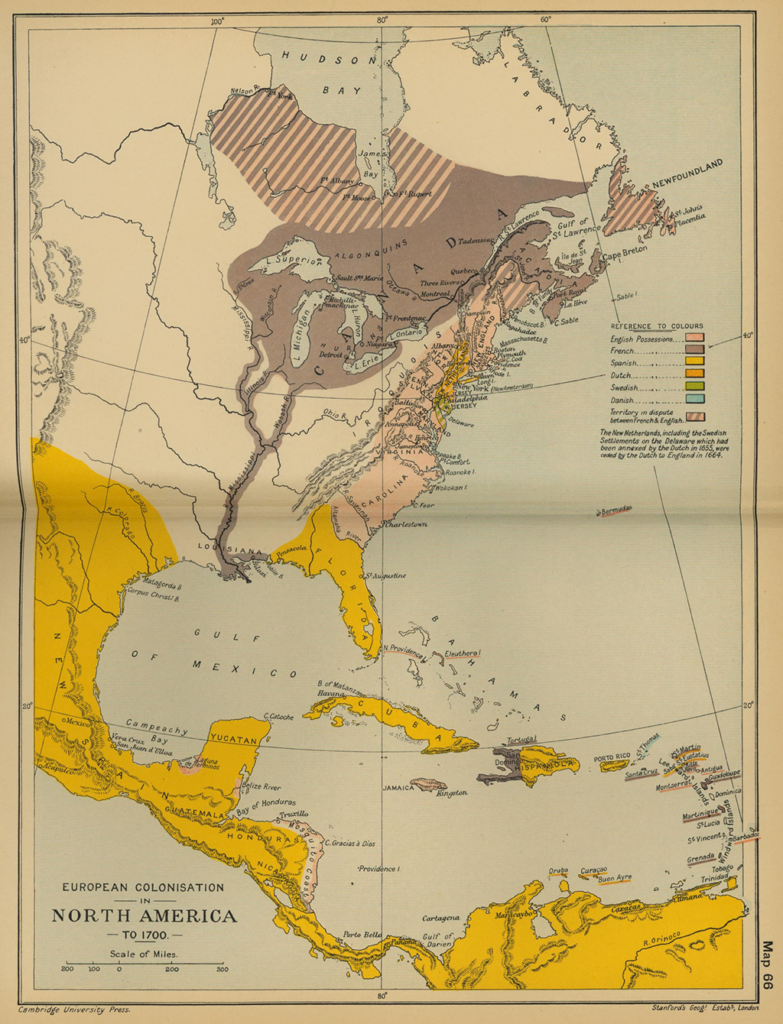 The map of European colonization of North America as of 1700