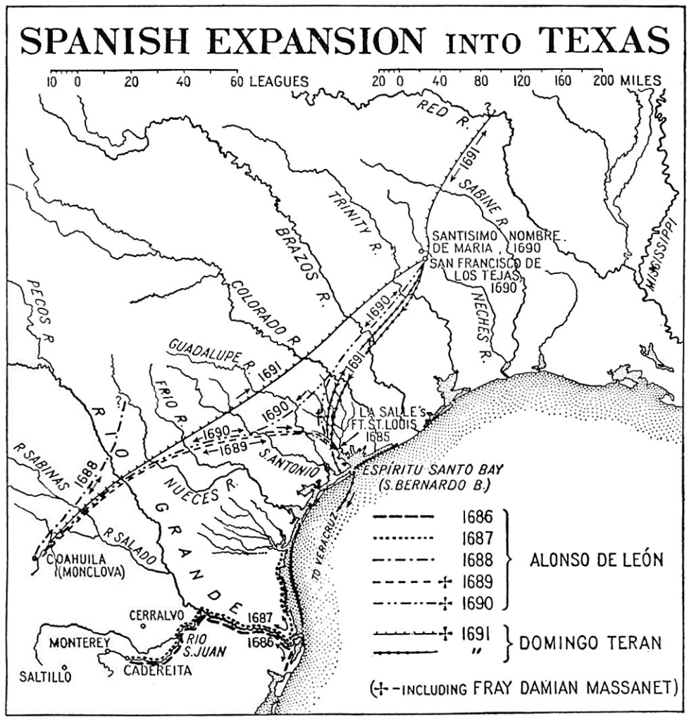 Map outlining first Spanish settlement expeditions into Texas
