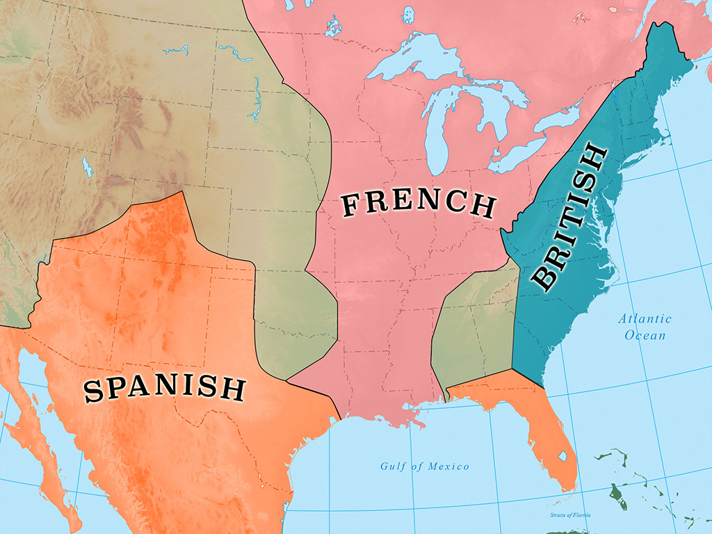 Map outlining the extent of Spanish, French, and British claims on North American territories in the mid-1700s.