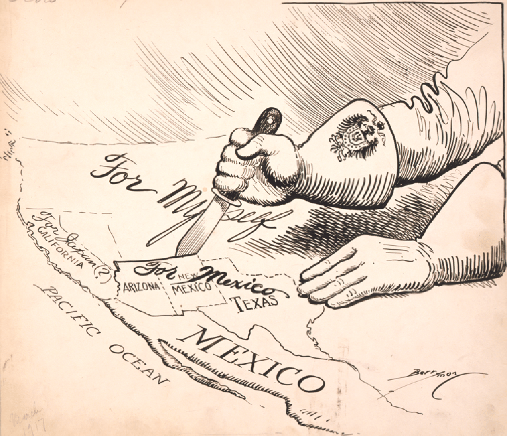 Political cartoon by Clifford Berryman showing the Germans cutting out Southwest territories for Mexico