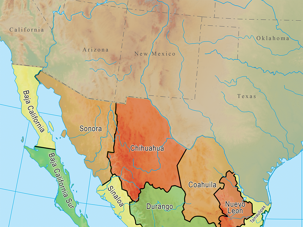 Map highlighting Mexican border states at the time of the Mexican Revolution