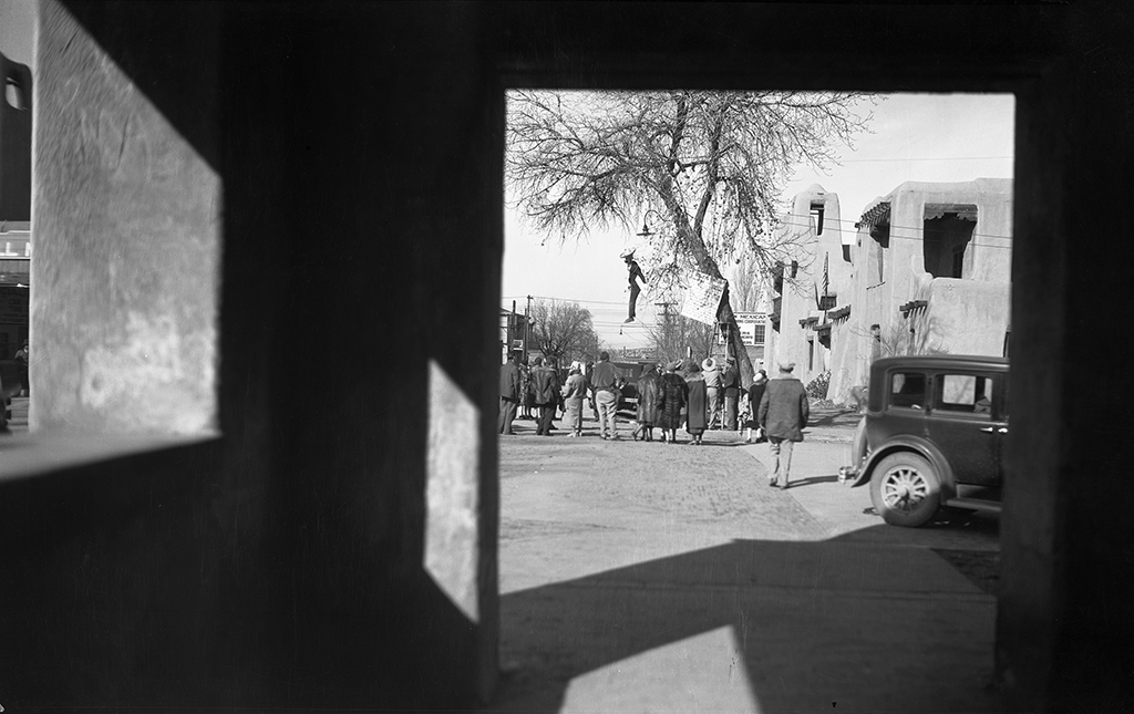 Likeness of John Collier hung in effigy near the Palace of the Governors in Santa Fe