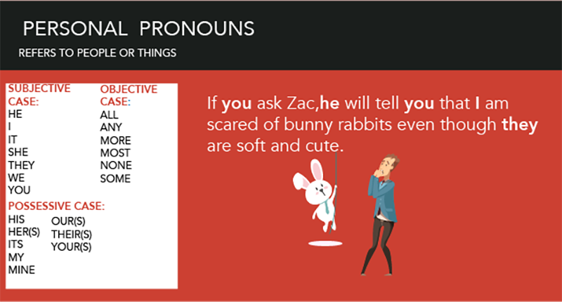 Personal Pronouns, Refers to people or things, Subjective case, Objective case, Possessive case, he, she, it, they, Bunny hanging on a rope, Scared man