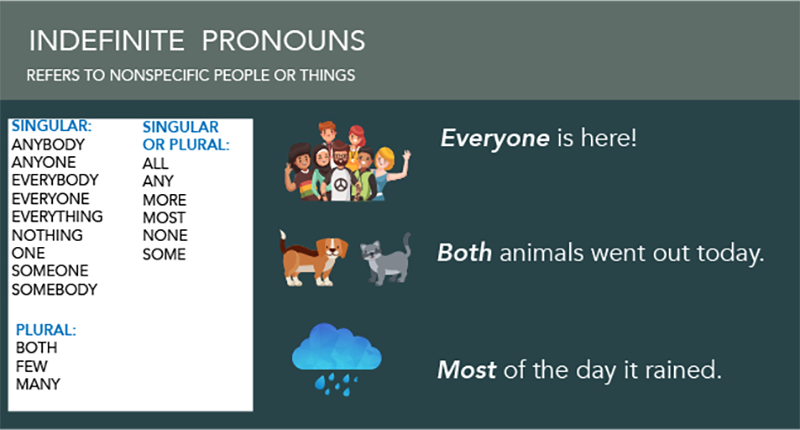 Image, indefinite Pronouns, People, Animals, Weather, Everyone, Both, Most, singular, plural