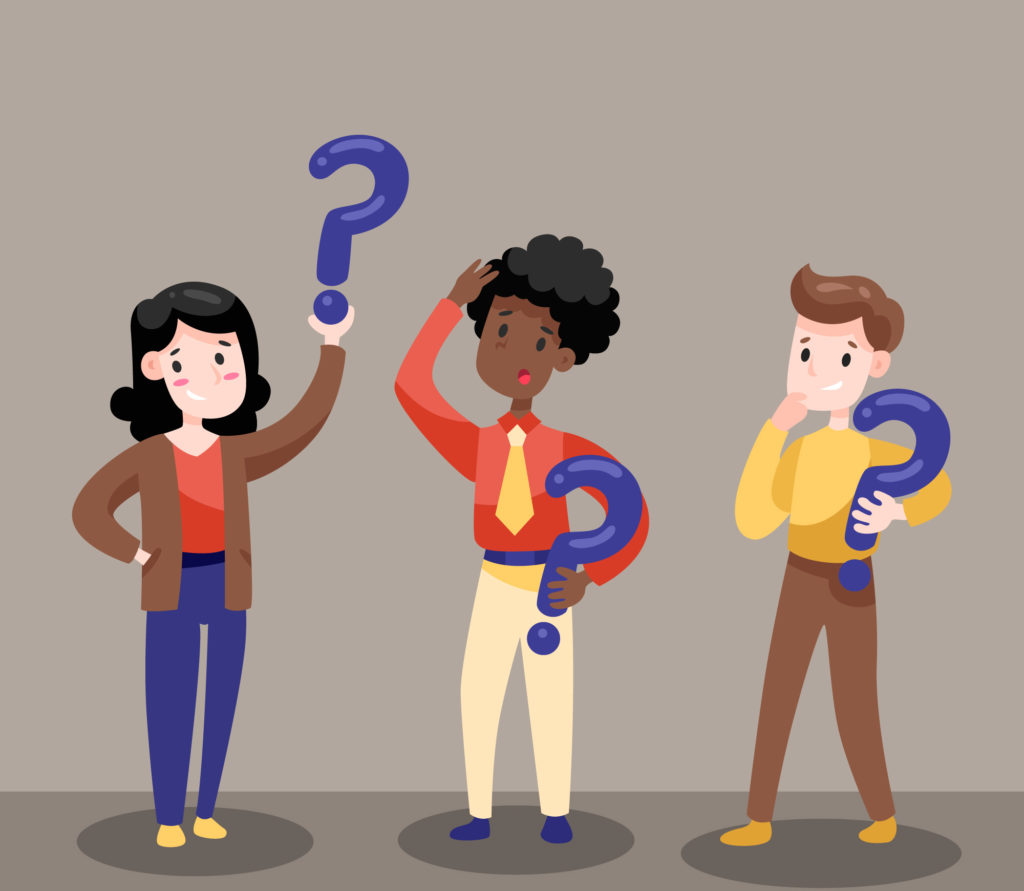 Three people holding question marks