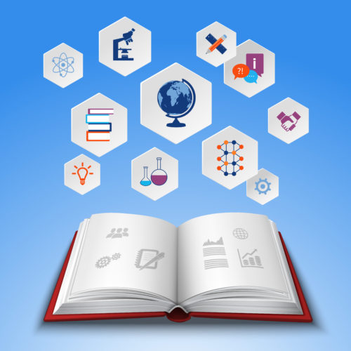 open book with icons associated with science and humanities