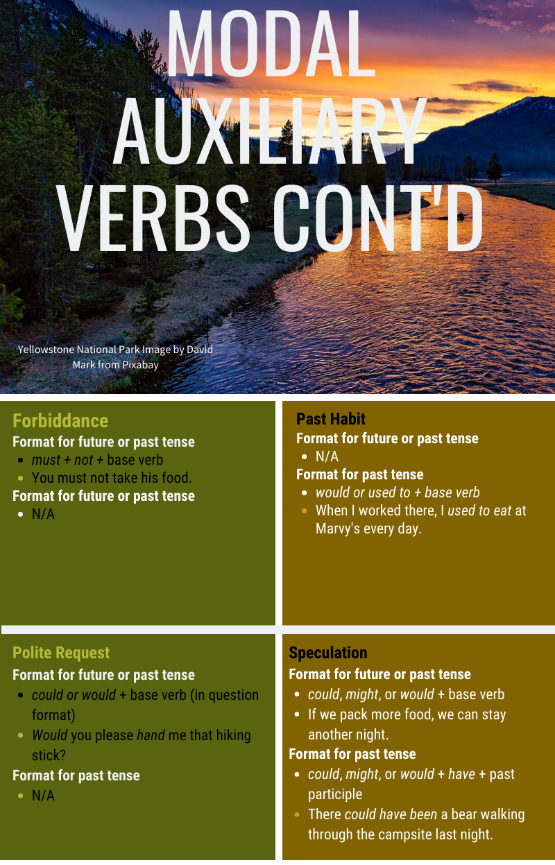 modal auxiliary verbs continued, Forbiddance, past habit, polite request, speculation